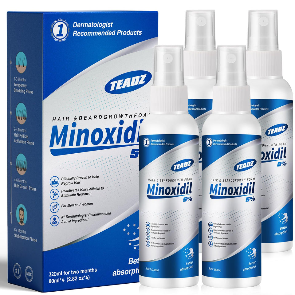 TEADZ minoxidil bottle pour shows precise topical application on the scalp.