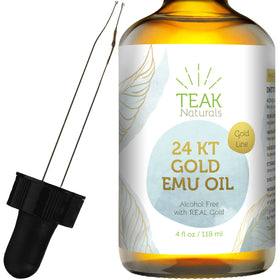 Teak Naturals 24K Gold Emu Oil bottle with luxurious shimmer for skin and hair care