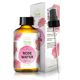Teak Naturals Rose Water Toner bottle pour for soothing skin preparation and hydration