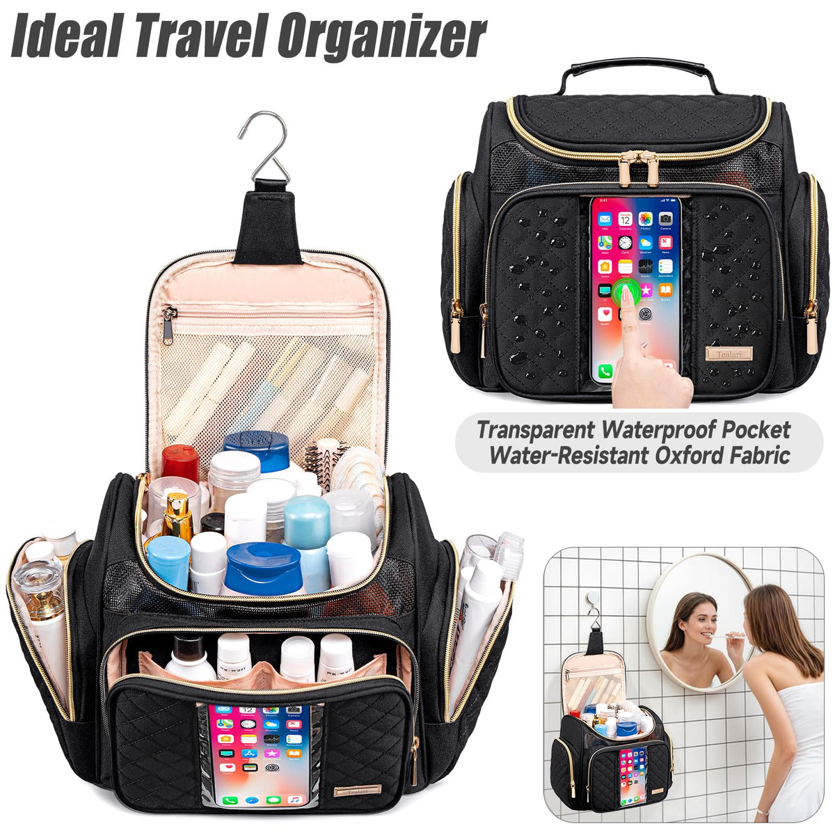 Tealari bag with multiple compartments keeps cosmetics organized during weekend trips.