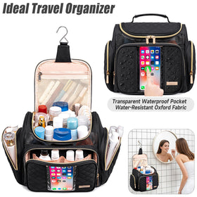 Tealari bag with multiple compartments keeps cosmetics organized during weekend trips.