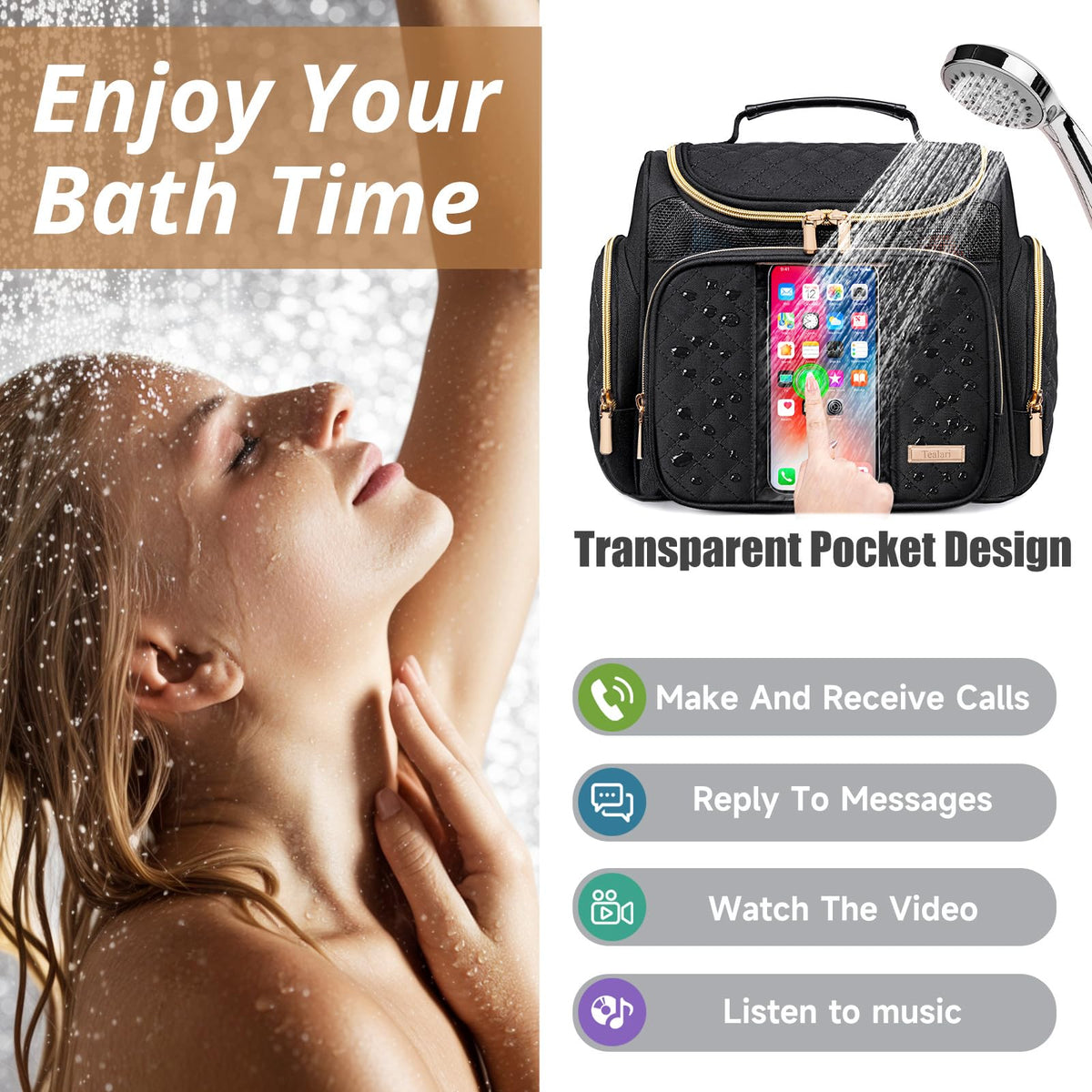 Tealari large toiletry bag features a transparent phone pocket for easy access.