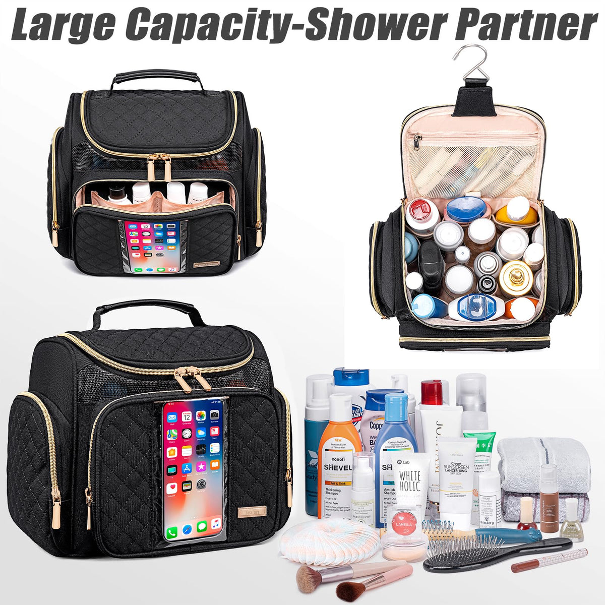 Tealari large opening enables quick access to full-size toiletries.