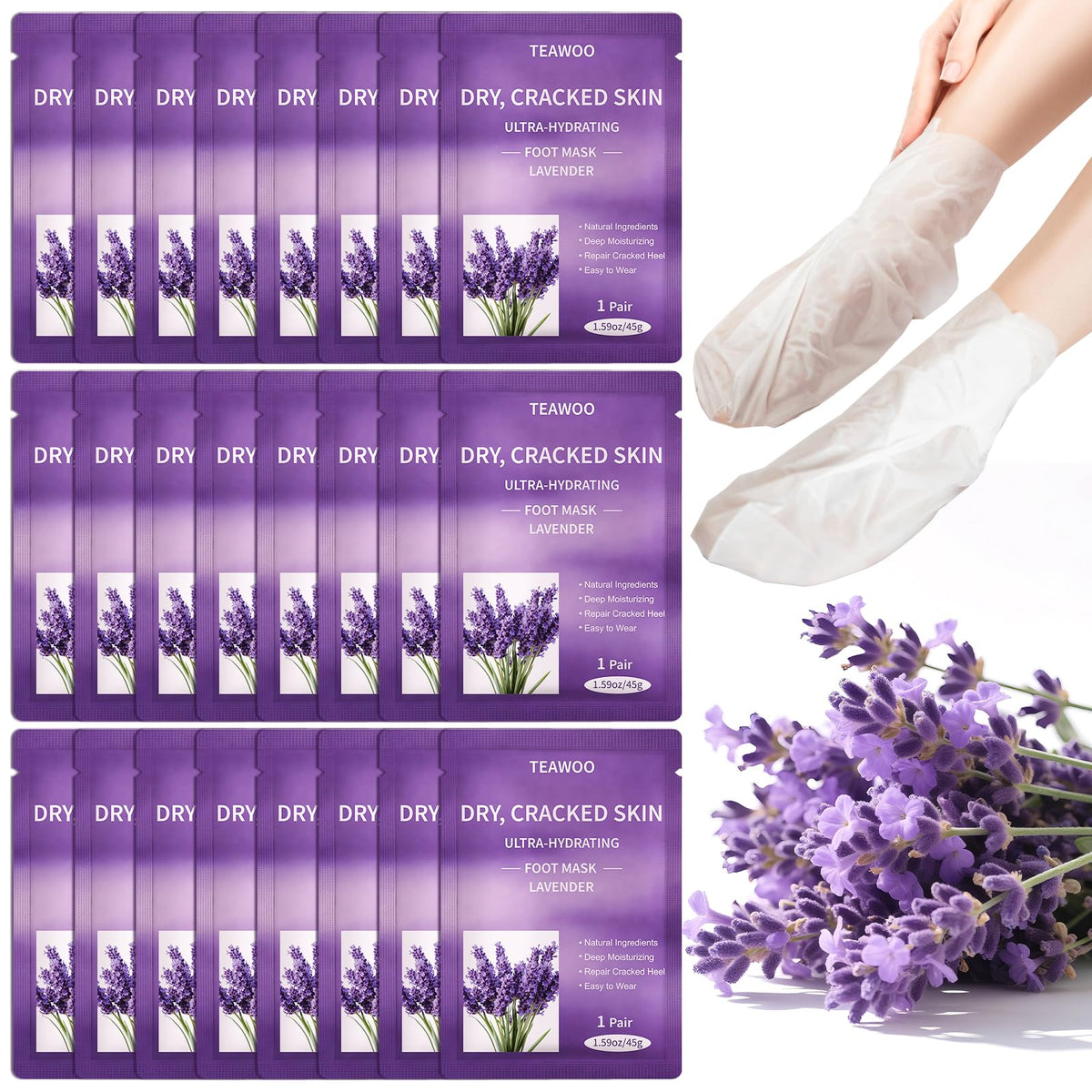 TEAWOO foot mask with lavender oil for deep hydration and softness.