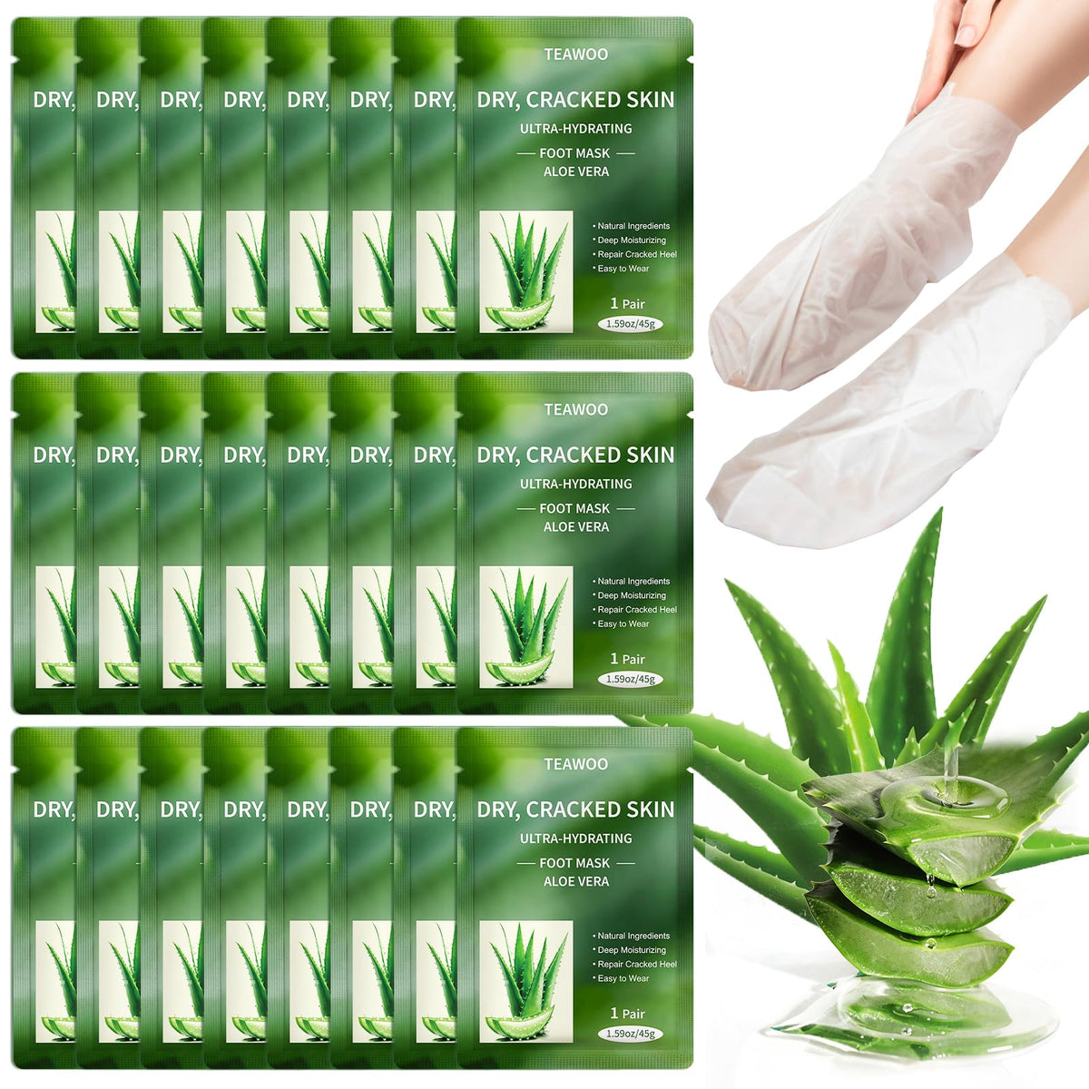 TEAWOO foot mask packets closeup, ideal for daily foot care and hydration.