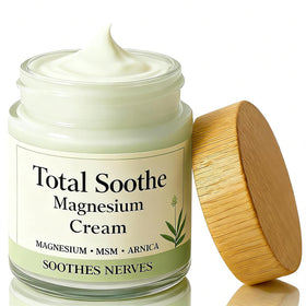 Tebazoew Total Relief Magnesium Cream bottle pour demonstrates fast-absorbing, non-greasy application.