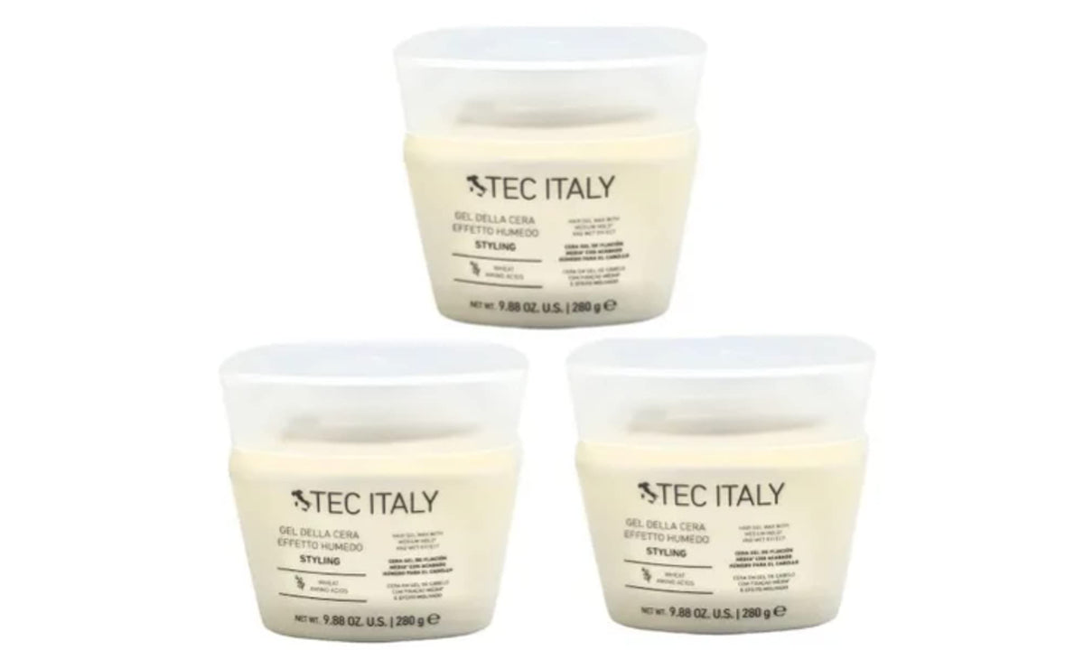 Tec Italy Gel Della Cera Effetto Humedo three-pack bottles shown for all-day hold.