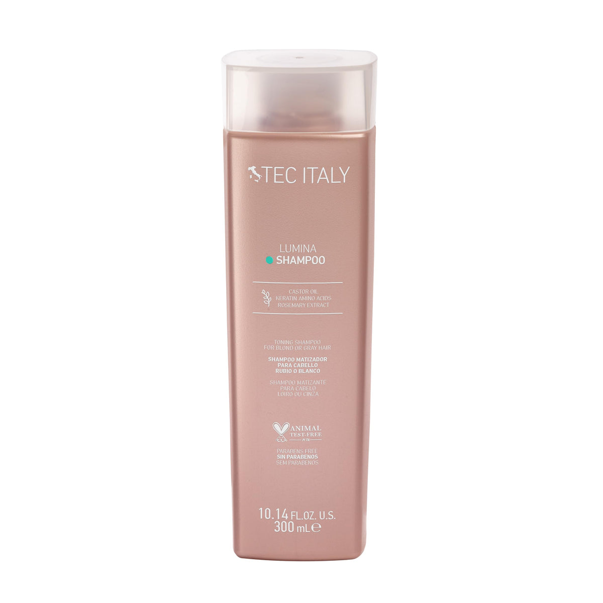 Tec Italy Lumina Purple Shampoo bottle shows cool-toned cleansing for blonde and gray hair