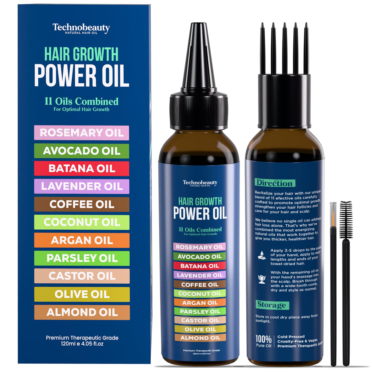 Technobeauty Rosemary Oil bottle highlights the 11-oil blend for healthier hair.