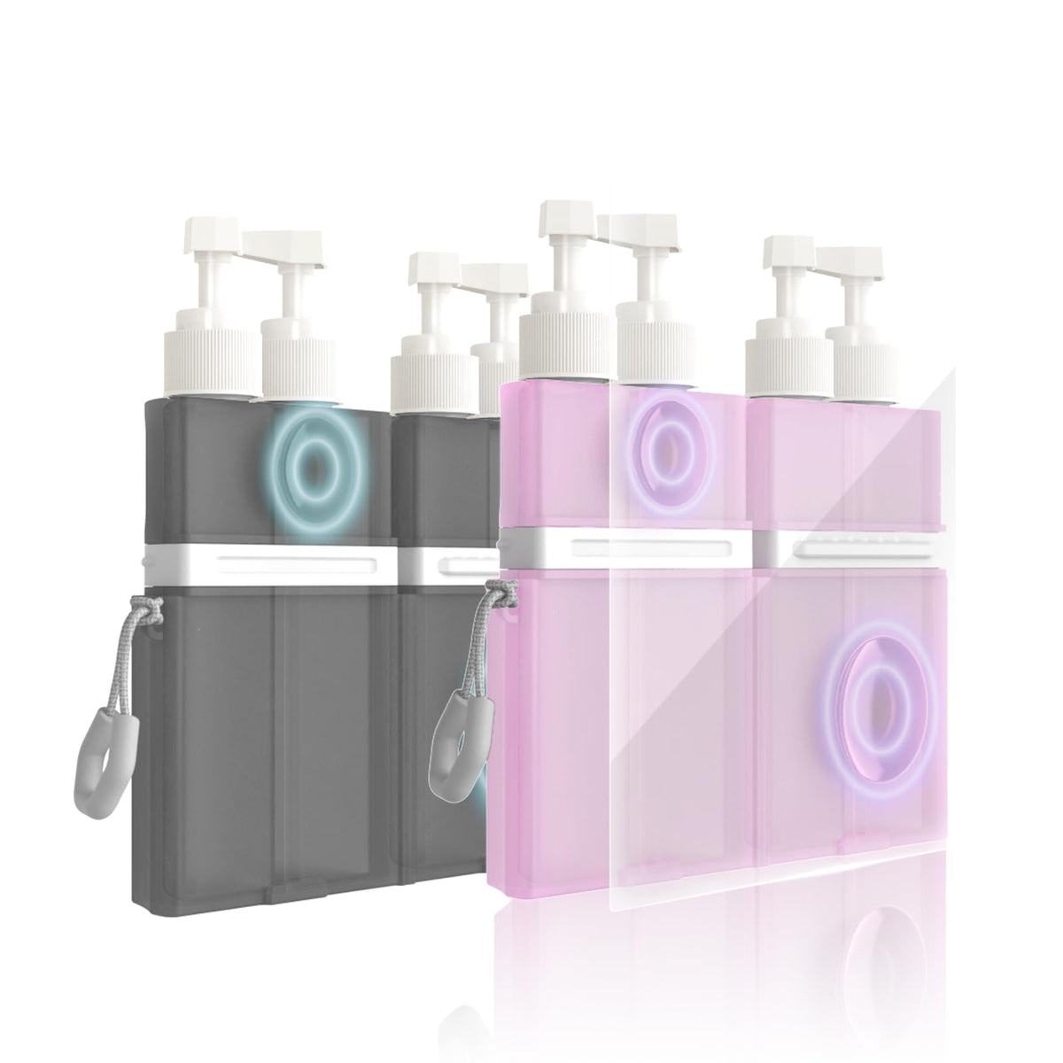 TechoEcho 2P 4-in-1 travel bottles in pink and grey keep toiletries organized.