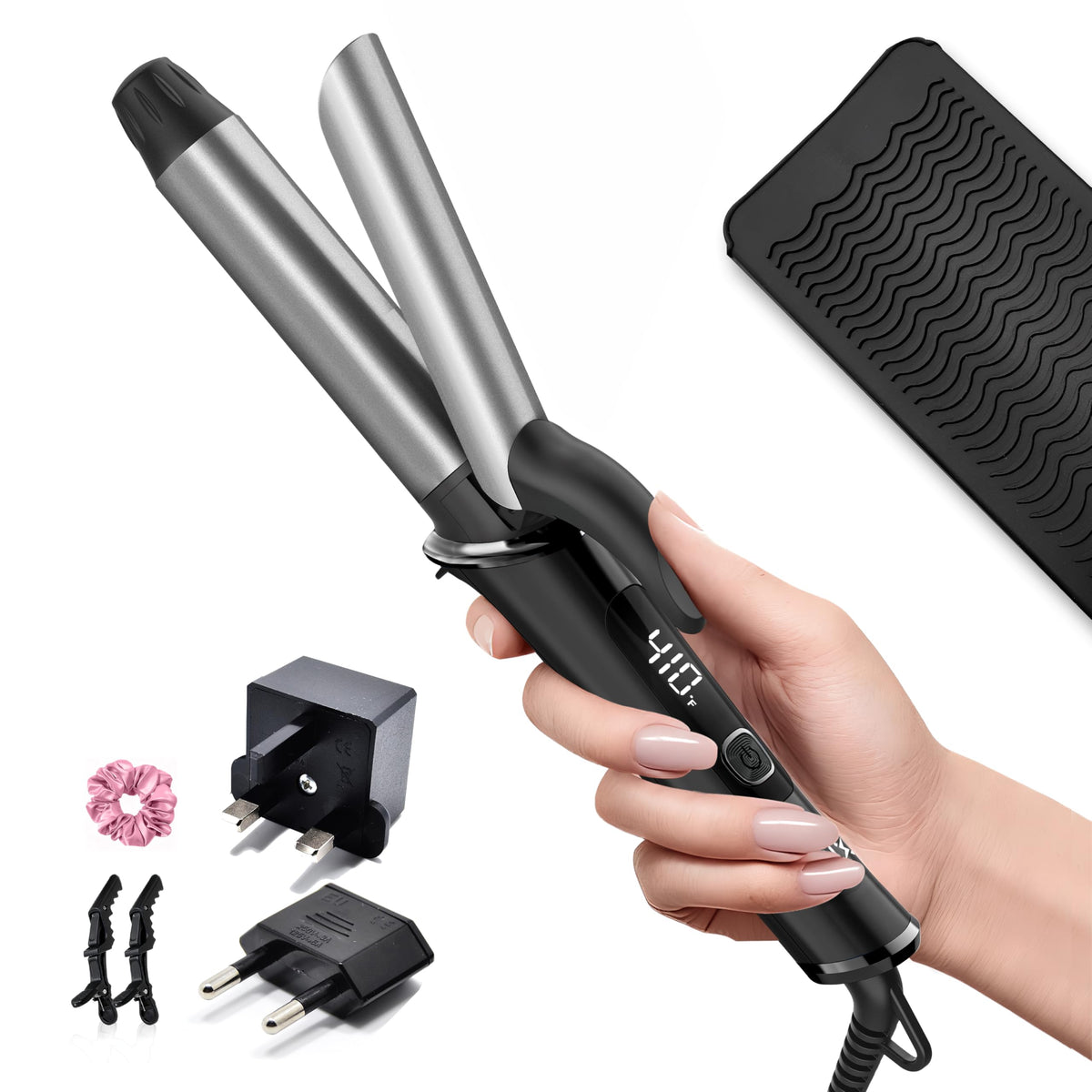 TECSIX dual-voltage travel curling iron with worldwide power for on-the-go styling.