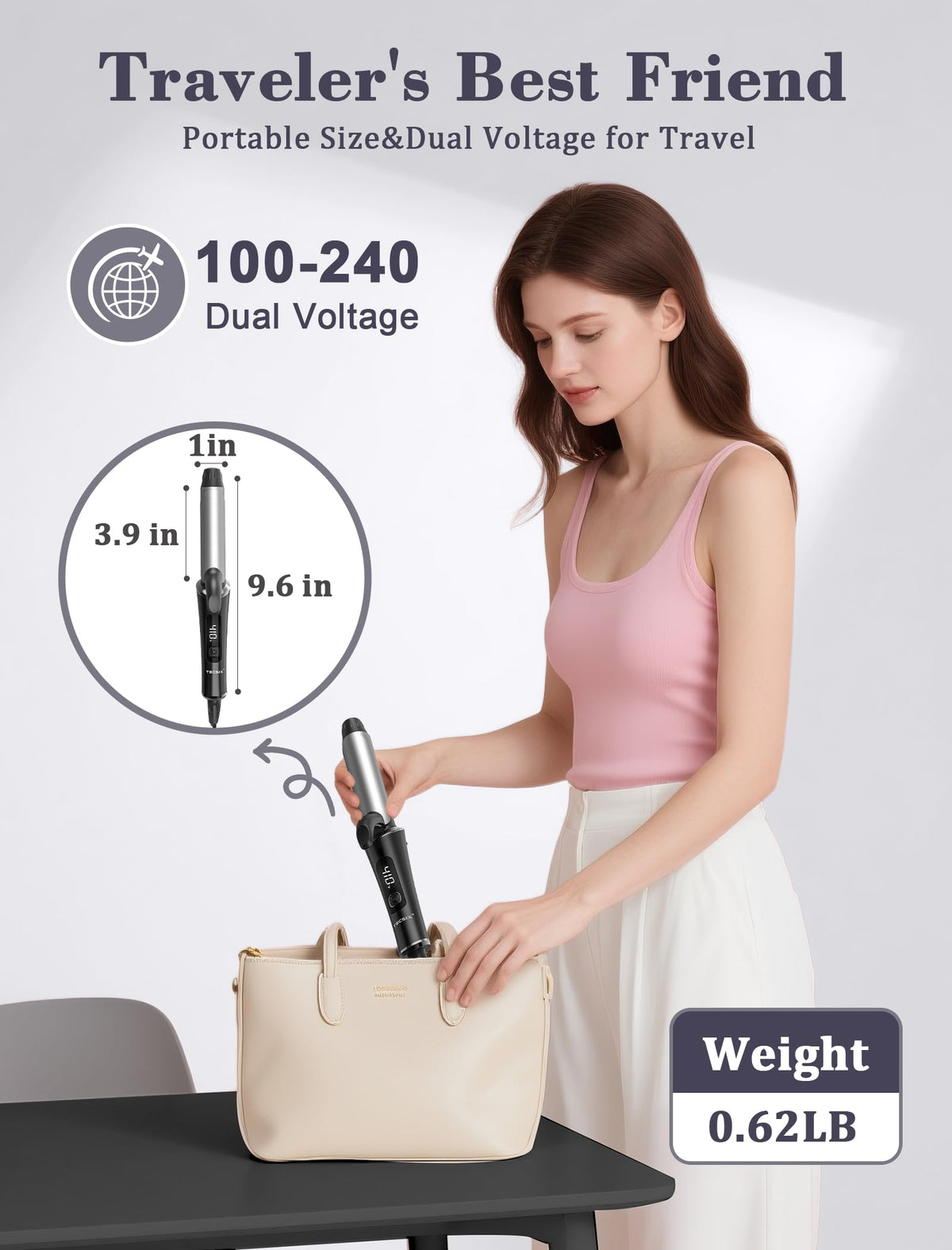 TECSIX one-inch ceramic barrel delivers even heat and smooth curls.