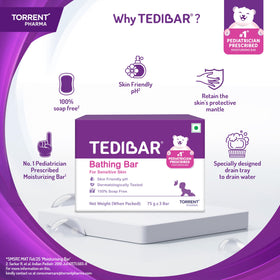 TEDIBAR bathing bar label closeup shows a soap-free formula