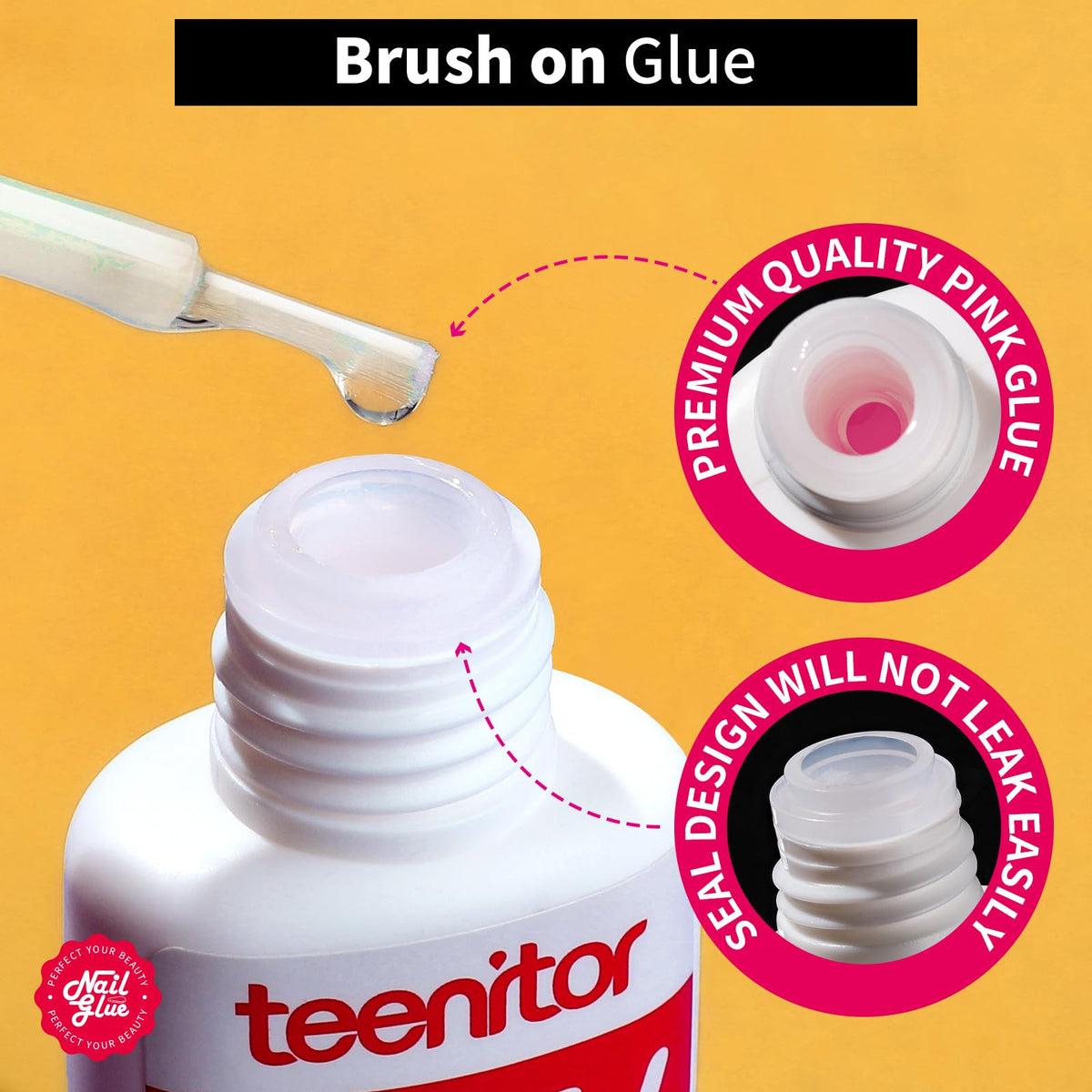 Teenitor Pink Nail Glue brush-on tip applying precise bond for acrylics