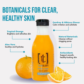 Teenology tropical orange label detail highlighting natural extracts.