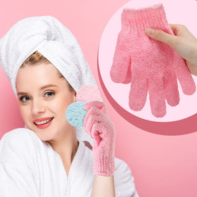 Tegeme nylon gloves cleaning the back in shower.
