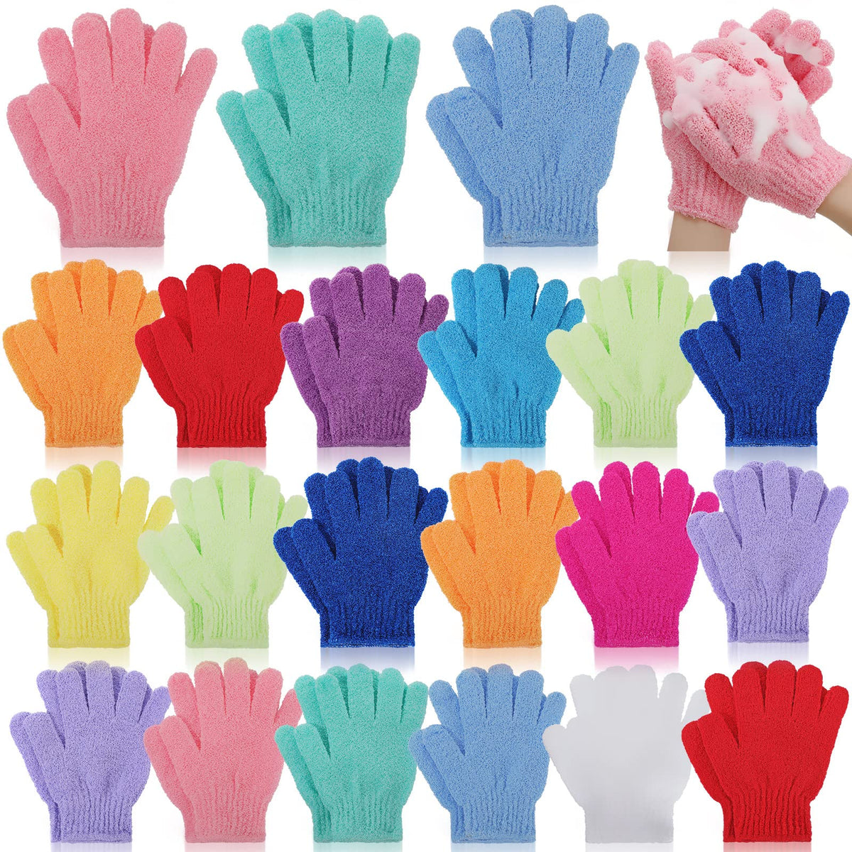 Tegeme exfoliating gloves on hand demonstrate deep cleansing.