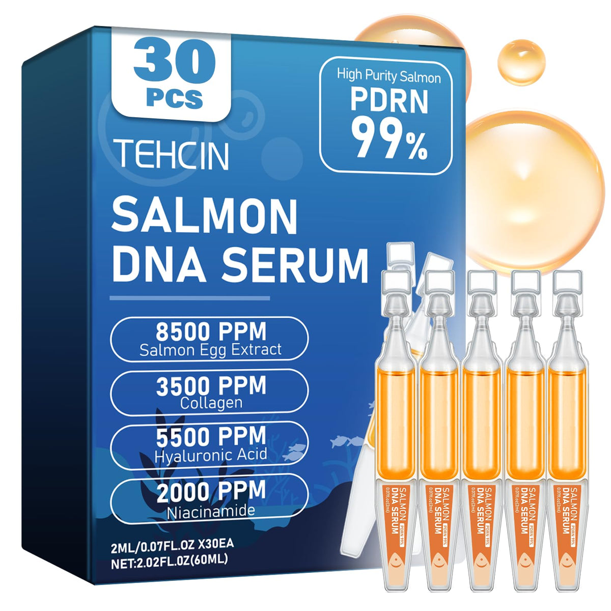 TEHCIN Salmon DNA Ampoule box packaging showcases premium hydration for daily use