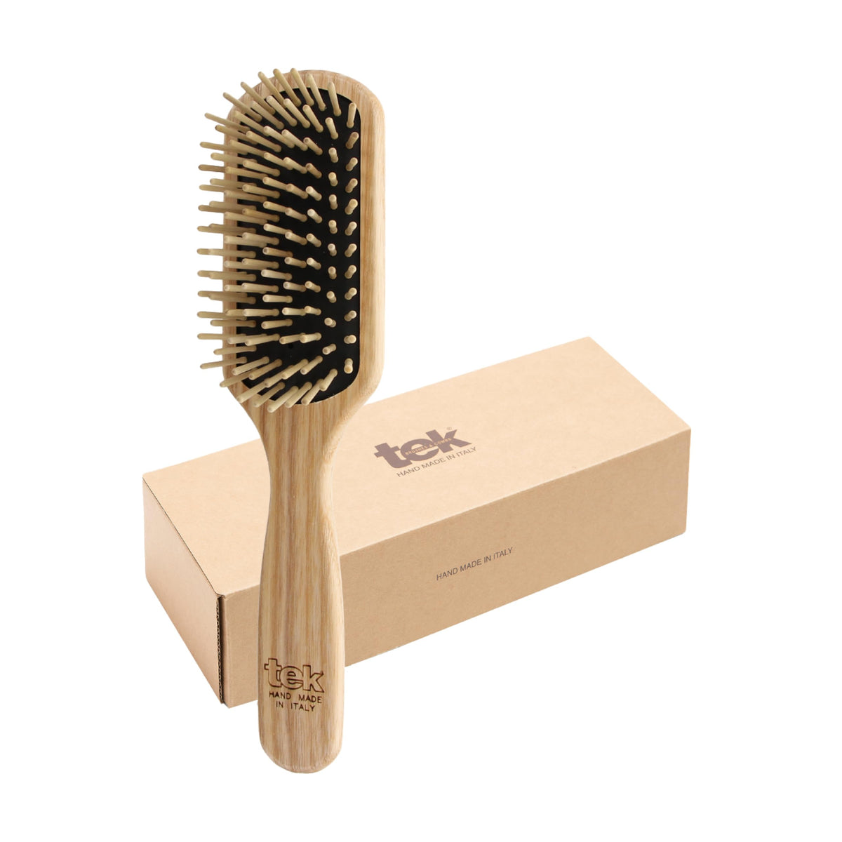 TEK rectangular hair brush in natural ash wood for gentle detangling