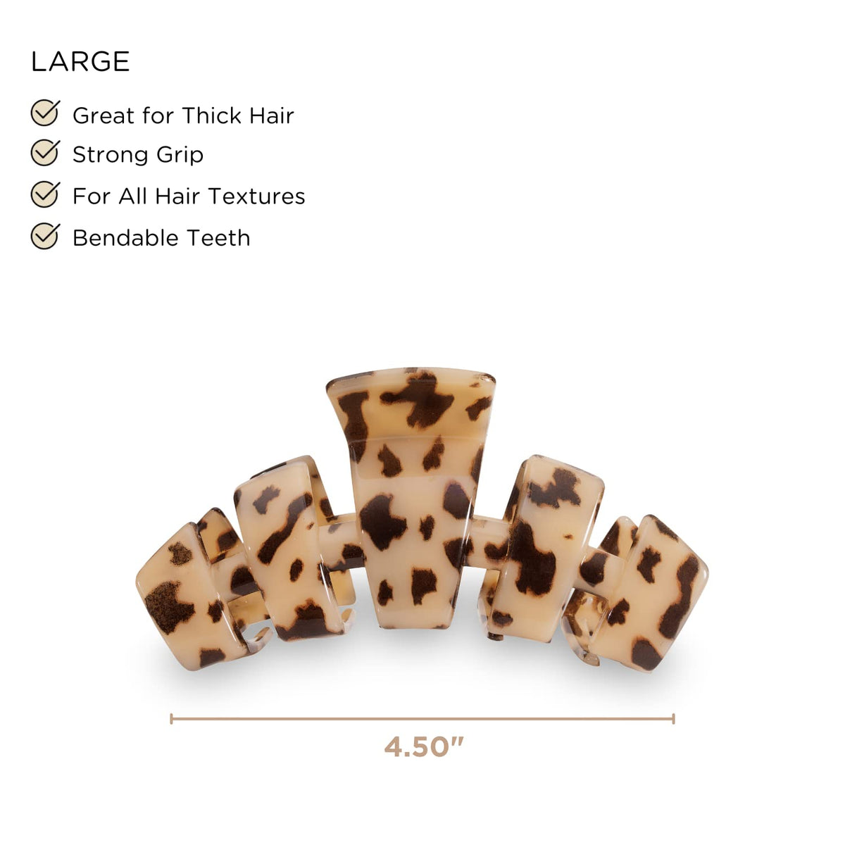 Teleties large clip with bendable teeth maintaining shape over time.