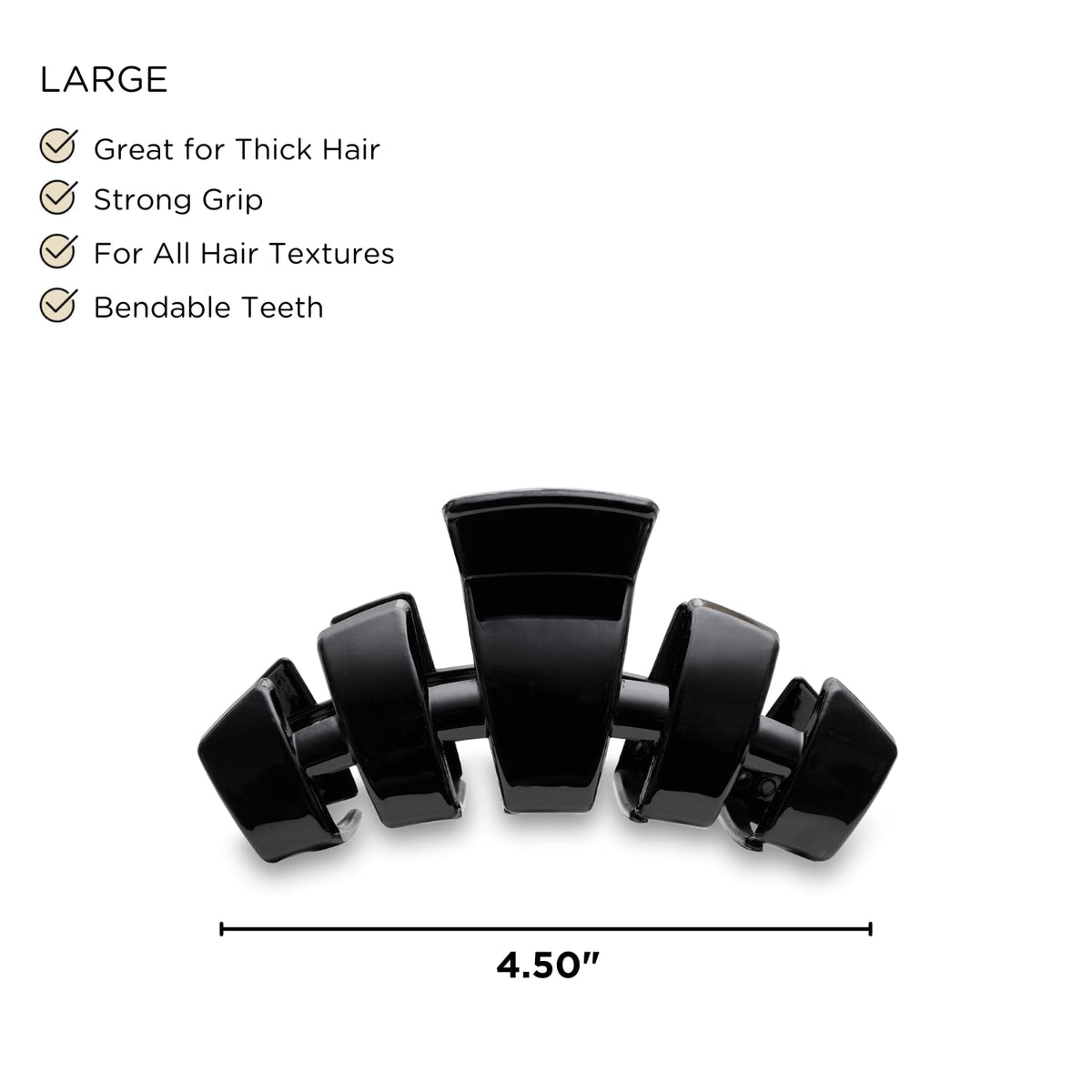 Teleties large hair clip with bendable teeth maintains the shape.