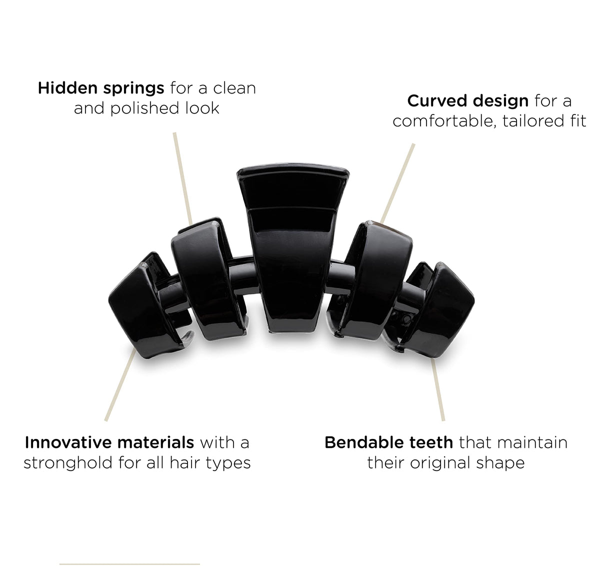 Teleties large hair clip curved design supports all-day comfort.