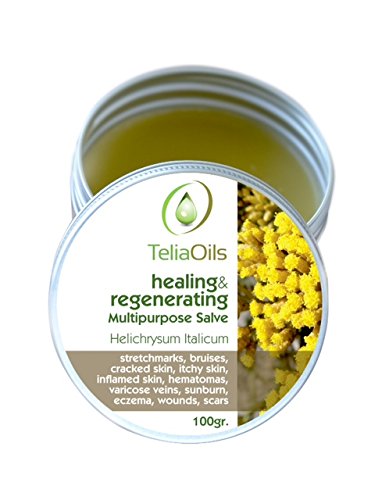 Teliaoils Helichrysum Italicum Salve jar for soothing irritated skin and hydration.