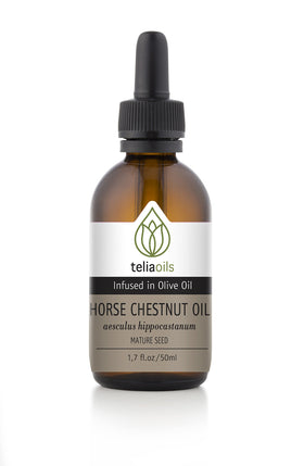 Teliaoils Horse Chestnut Infused Oil bottle with rich color and aroma.