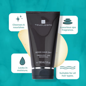 Lather from TEMPLESPA Good Hair Day shampoo delivering silky, smooth hair