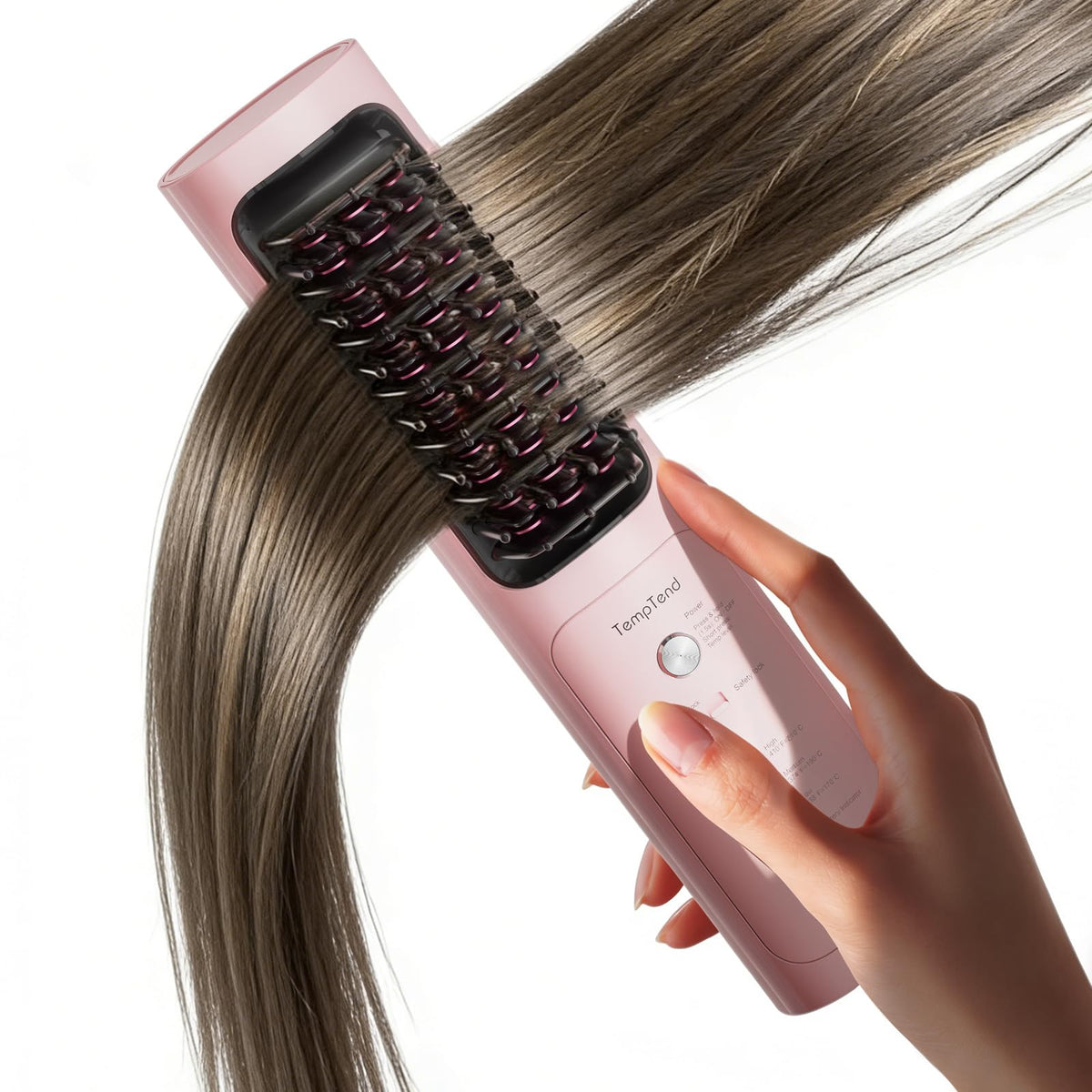 TempTend pink cordless brush front view for quick on-the-go styling