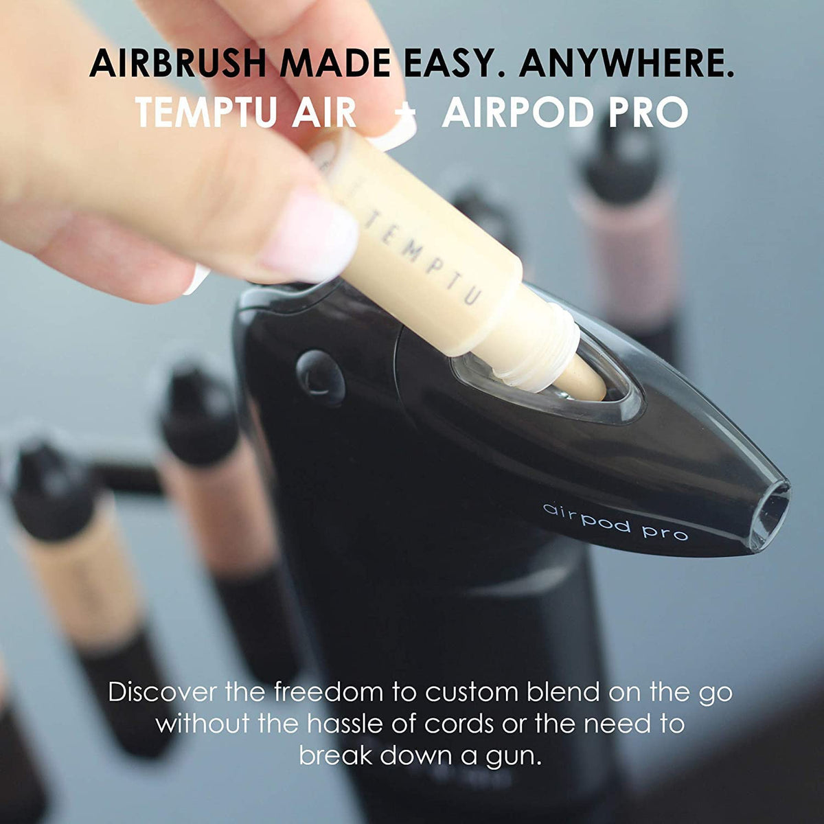 TEMPTU Airpod Pro with brush for blending between shades and quick cleanup.