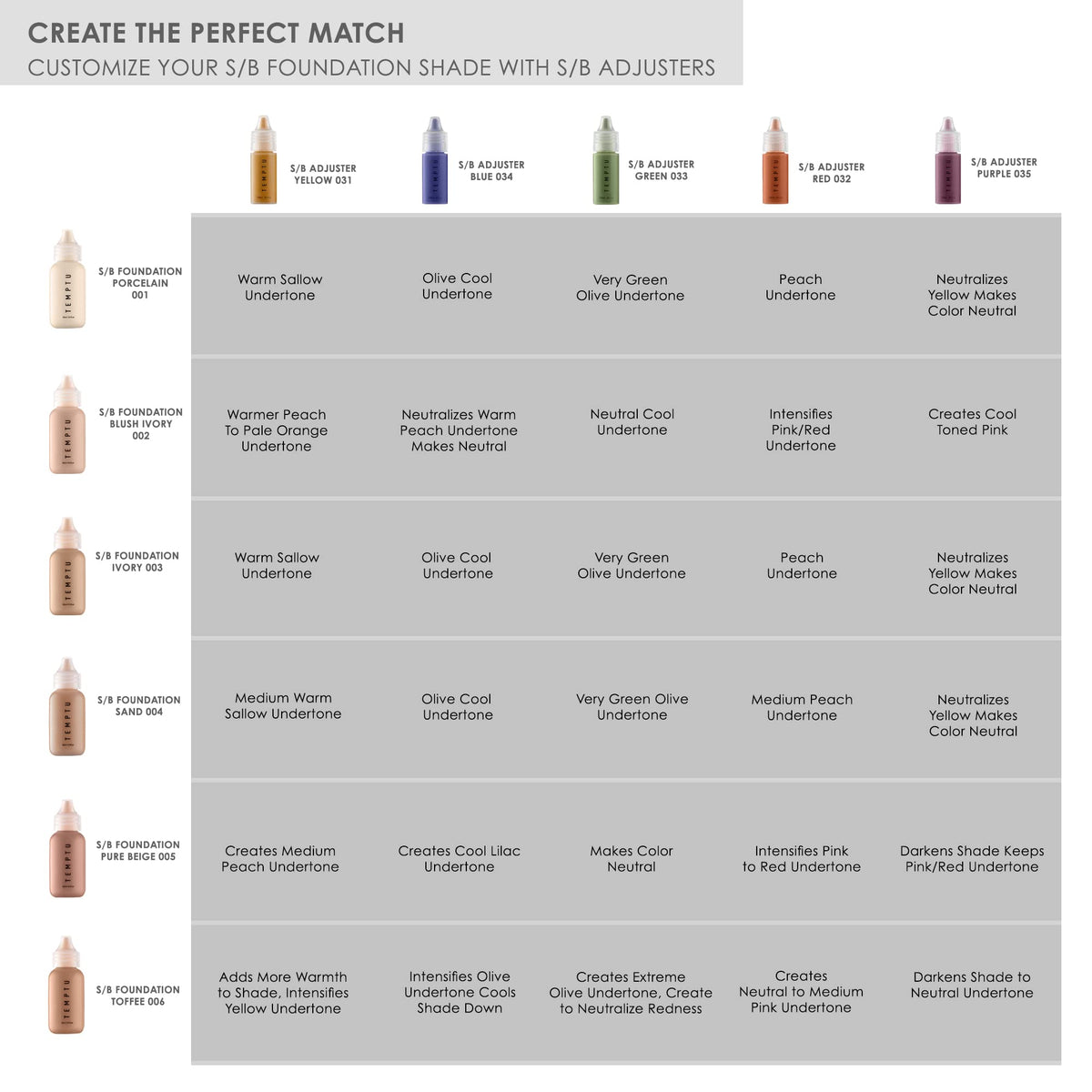 TEMPTU S/B Adjuster Violet color-mixing swatch expands foundation shade range.