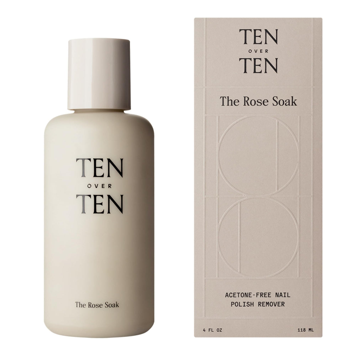 tenoverten Rose Soak bottle closeup highlights a gentle, acetone-free remover