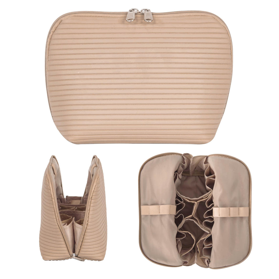Tense Edano travel makeup bag front view in camel offers quick access to essentials