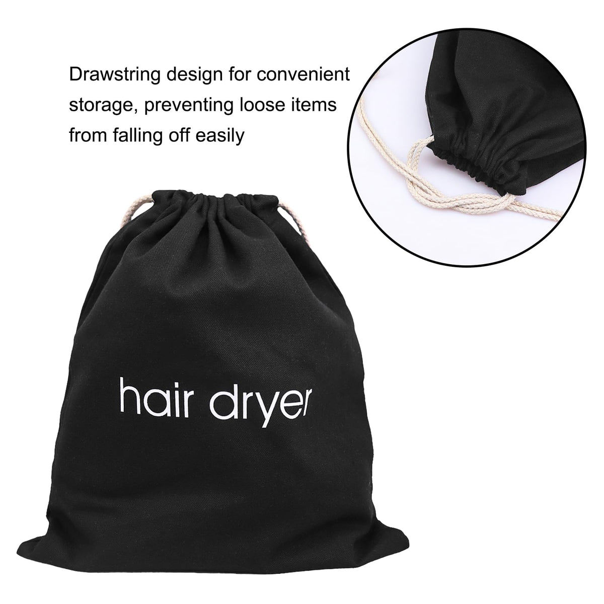 Terdey hair dryer bag with closed drawstring keeps contents secure during travel.