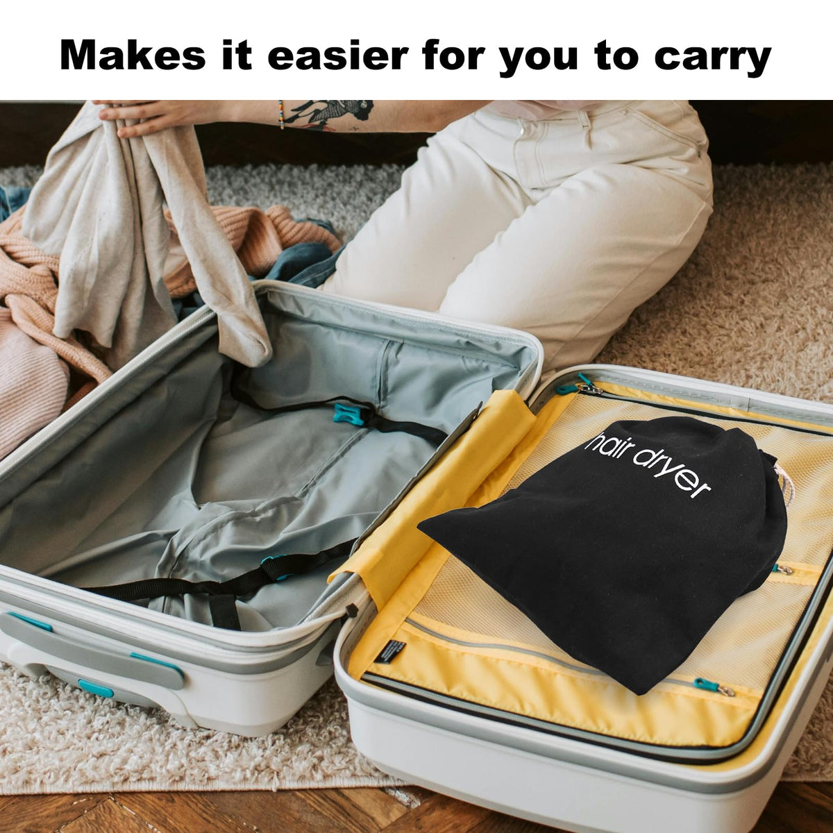 Terdey home storage bag neatly tucks dryer and accessories.