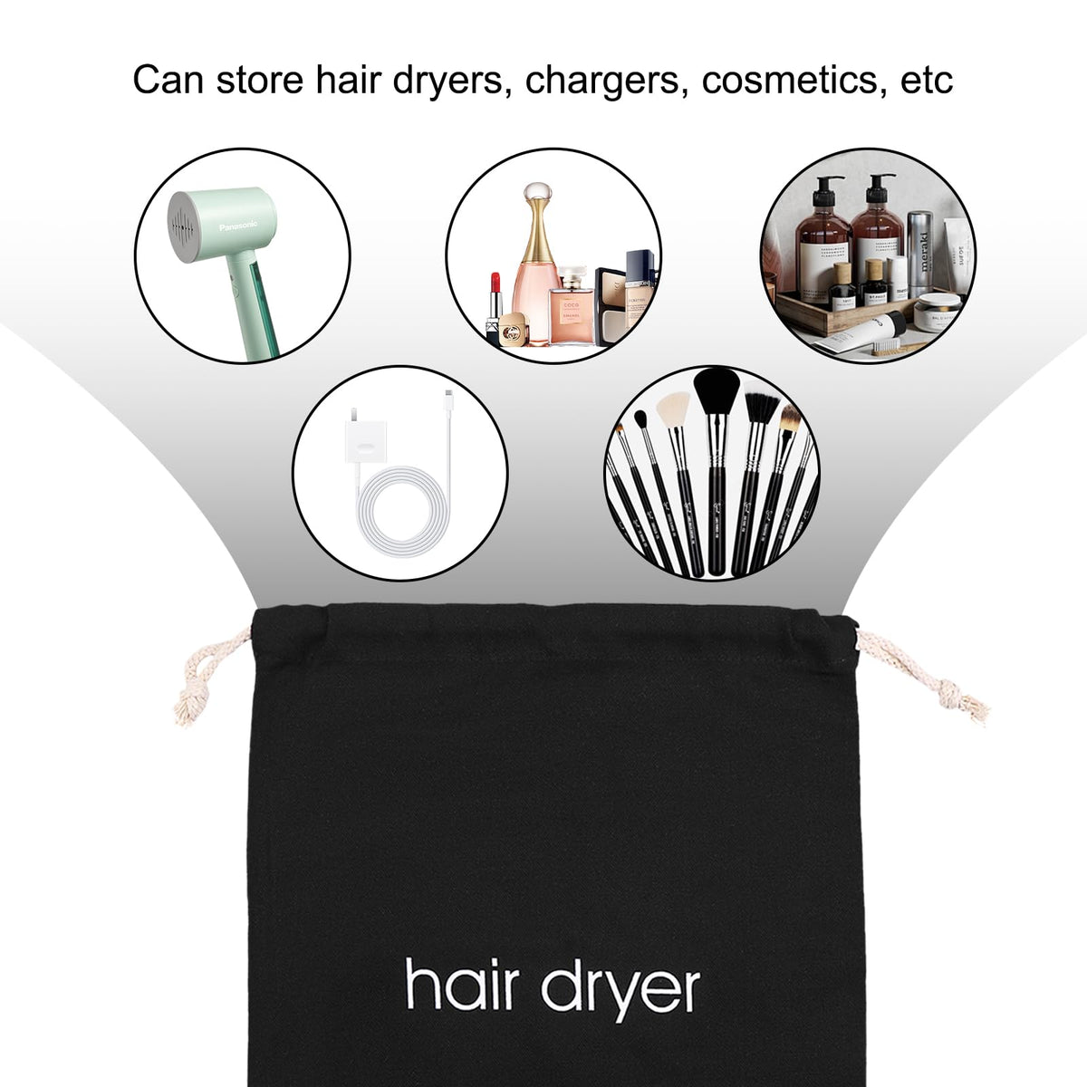 Terdey travel-ready bag organizes a dryer and cords on trips.