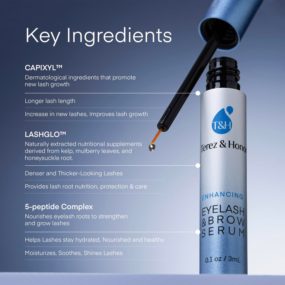 TEREZ & HONOR eyebrow serum applicator ready for precise brow application