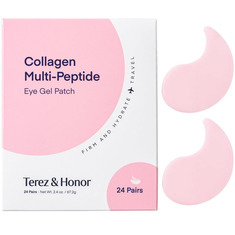 TEREZ HONOR peptide collagen hydrogel eye patches provide hydrating, firming care for tired eyes.