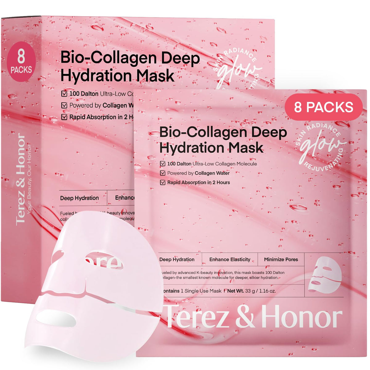 TEREZ & HONOR Real Deep Bio Collagen Mask packaging highlights premium hydrogel sheets for hydration.