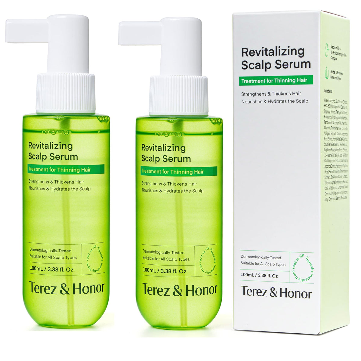 TEREZ & HONOR scalp serum bottle close-up for non-greasy scalp hydration