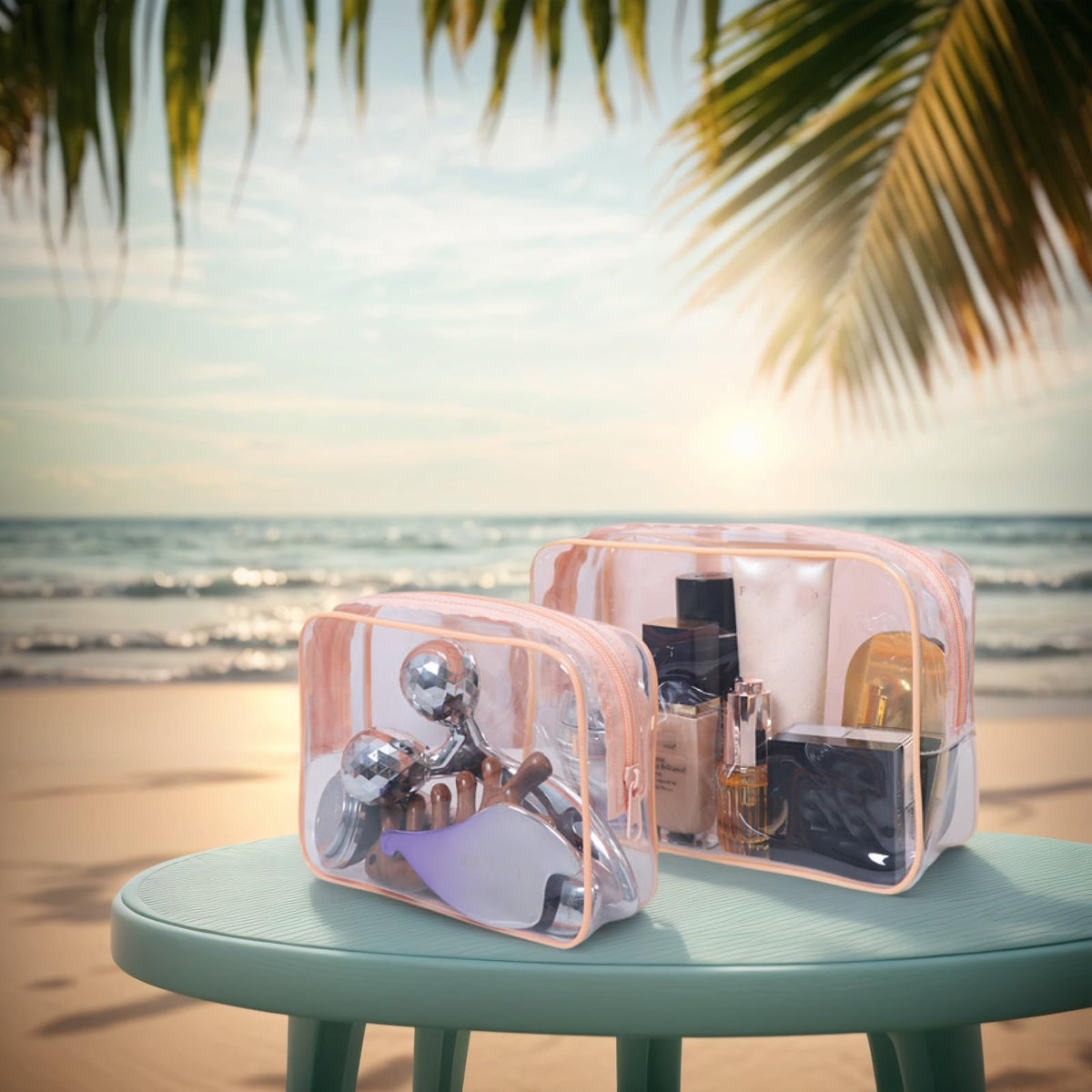 Tergy travel-ready clear cosmetics bag designed for easy packing