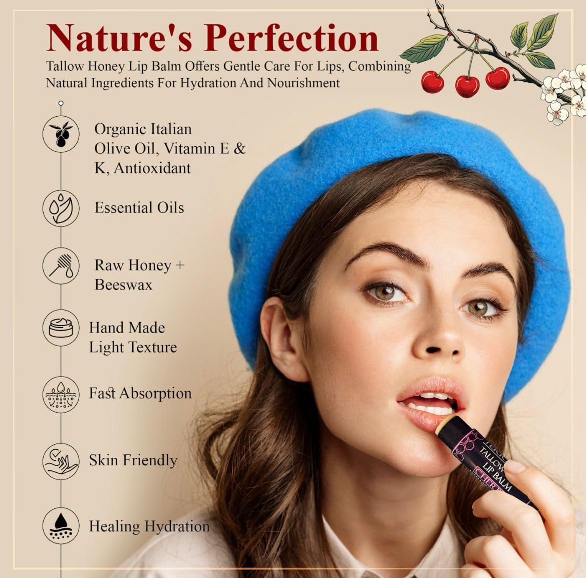 Close-up of Terra Lotus organic lip balm with cherry aroma and creamy texture