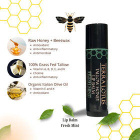 Terra Lotus balm-ingredients showcase olive oil, tallow, and beeswax for nourishing lips.