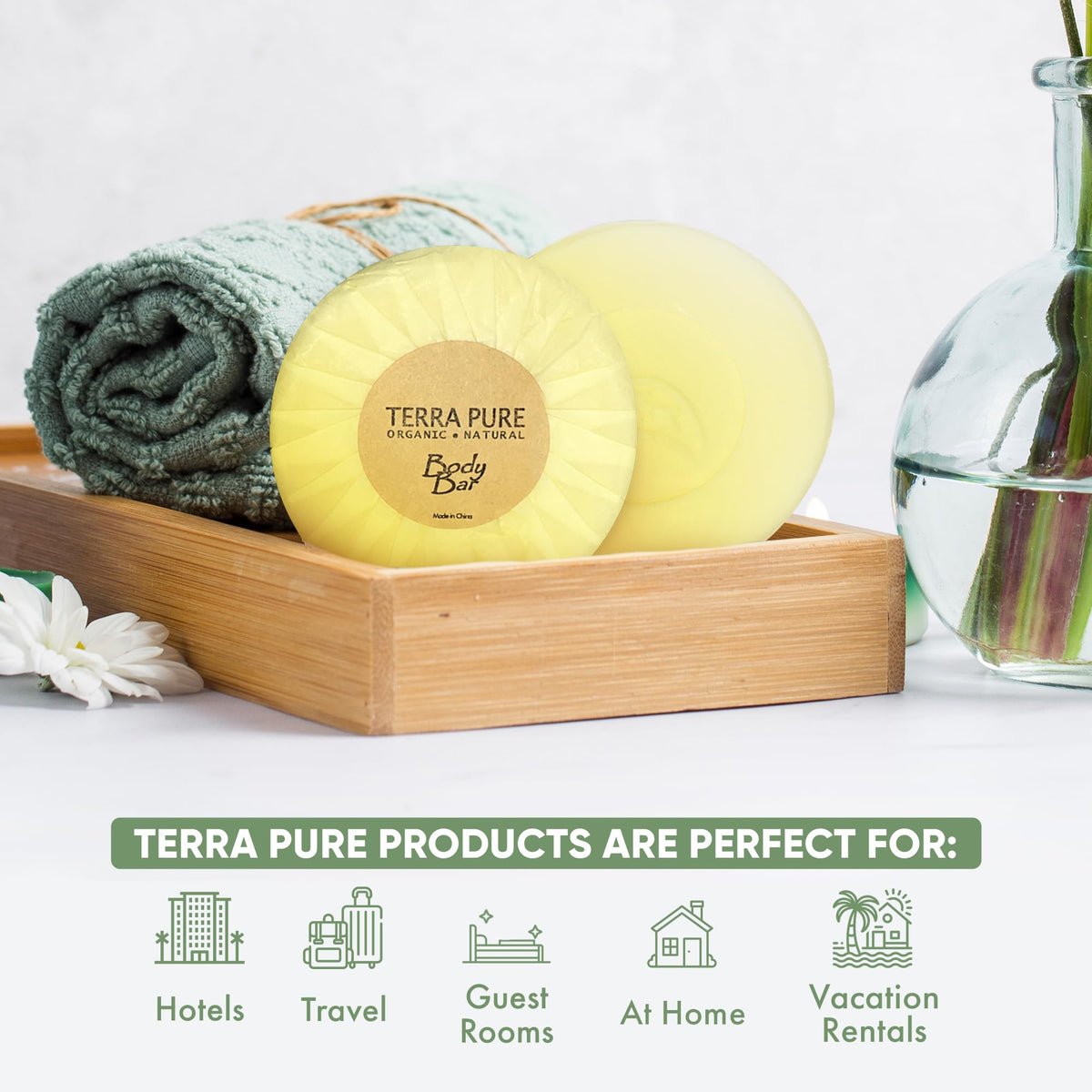 Terra Pure 100-count travel bars pleat-wrapped for quick room turnover.