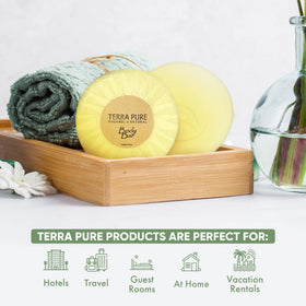 Terra Pure 100-count travel bars pleat-wrapped for quick room turnover.