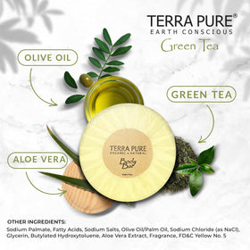 Terra Pure aloe and olive oil soap bar highlighting nourishing ingredients for guests.