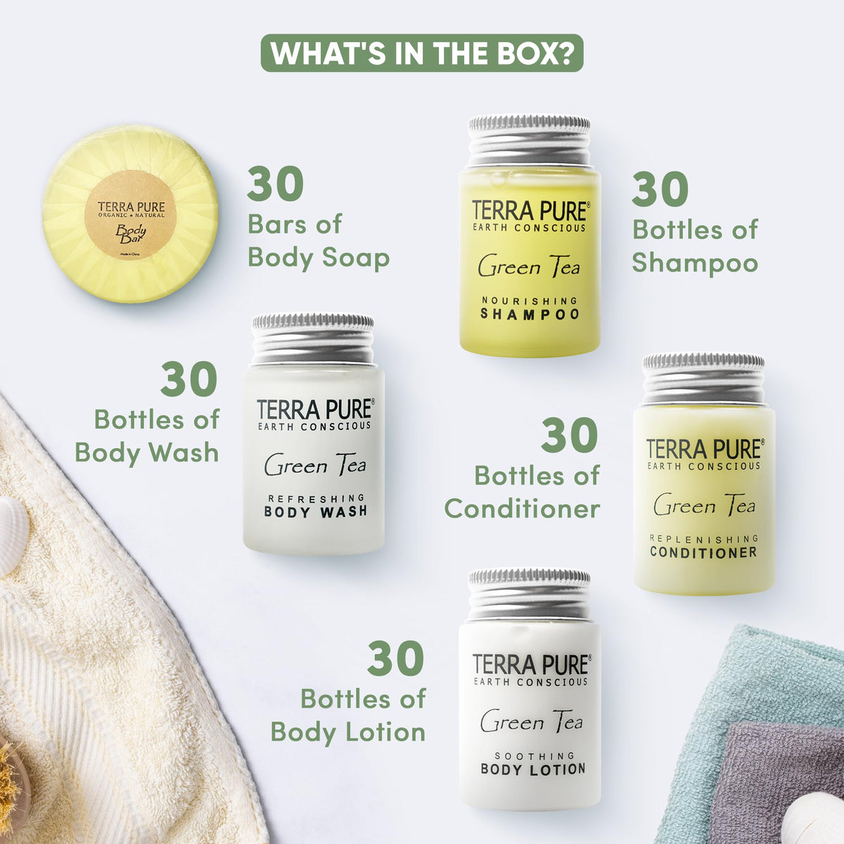 Terra Pure body wash travel-size bottle delivers refreshing cleansing for guests