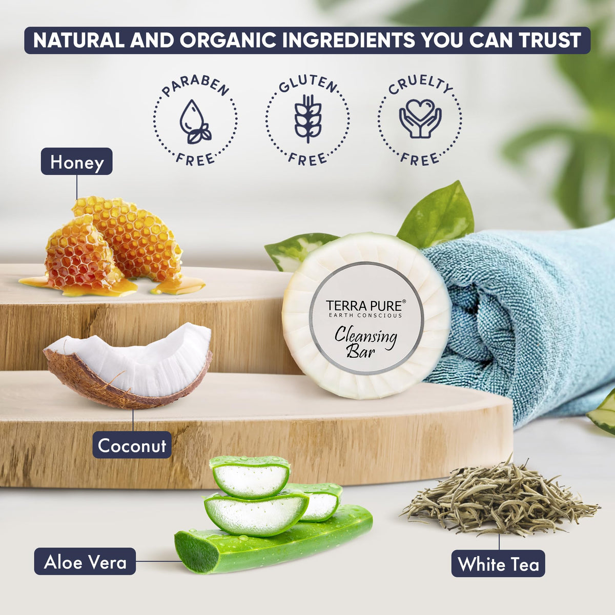 Earth-conscious packaging highlights natural ingredients in Terra Pure hotel soaps.