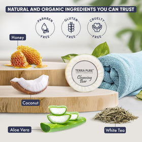 Earth-conscious packaging highlights natural ingredients in Terra Pure hotel soaps.